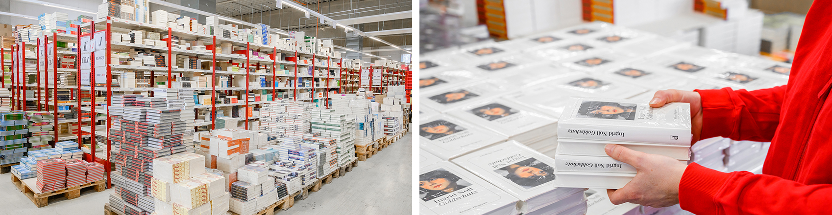 Mohr Morawa Lager - daneben Frau nimmt Bücher aus Bücherstapel